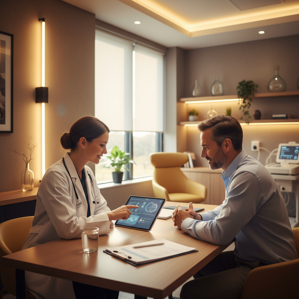 Doktor özel hastanede hastasına rapor açıklıyor. 2025 Özel Sağlık Sigortası: Kapsam, avantaj ve uygun fiyatlar rehberi.