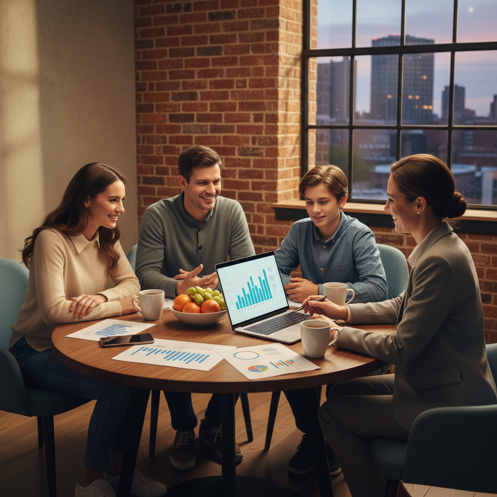 Aile, sigorta acentesiyle özel sağlık sigortası seçeneklerini, kapsamını ve uygun fiyatları değerlendiriyor. Poliçe detayları ekranda.