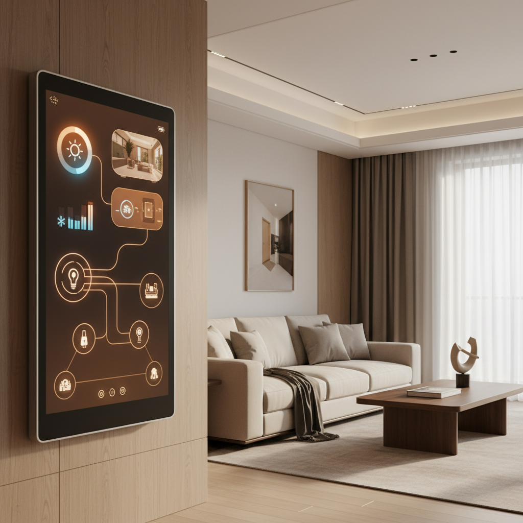 Modern akıllı ev kontrol paneli: ışık, termostat, güvenlik yönetimi. Konfor, güvenlik, enerji tasarrufu sunan 2025 akıllı ev sistemleri rehberi.