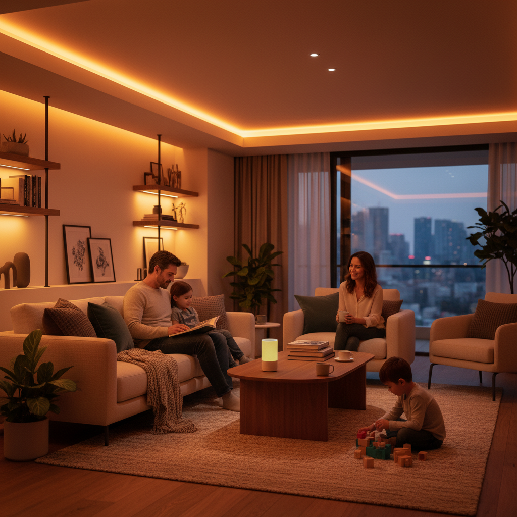 Akıllı ev teknolojileriyle konforlu ve güvenli bir yaşam sunan modern oturma odası.