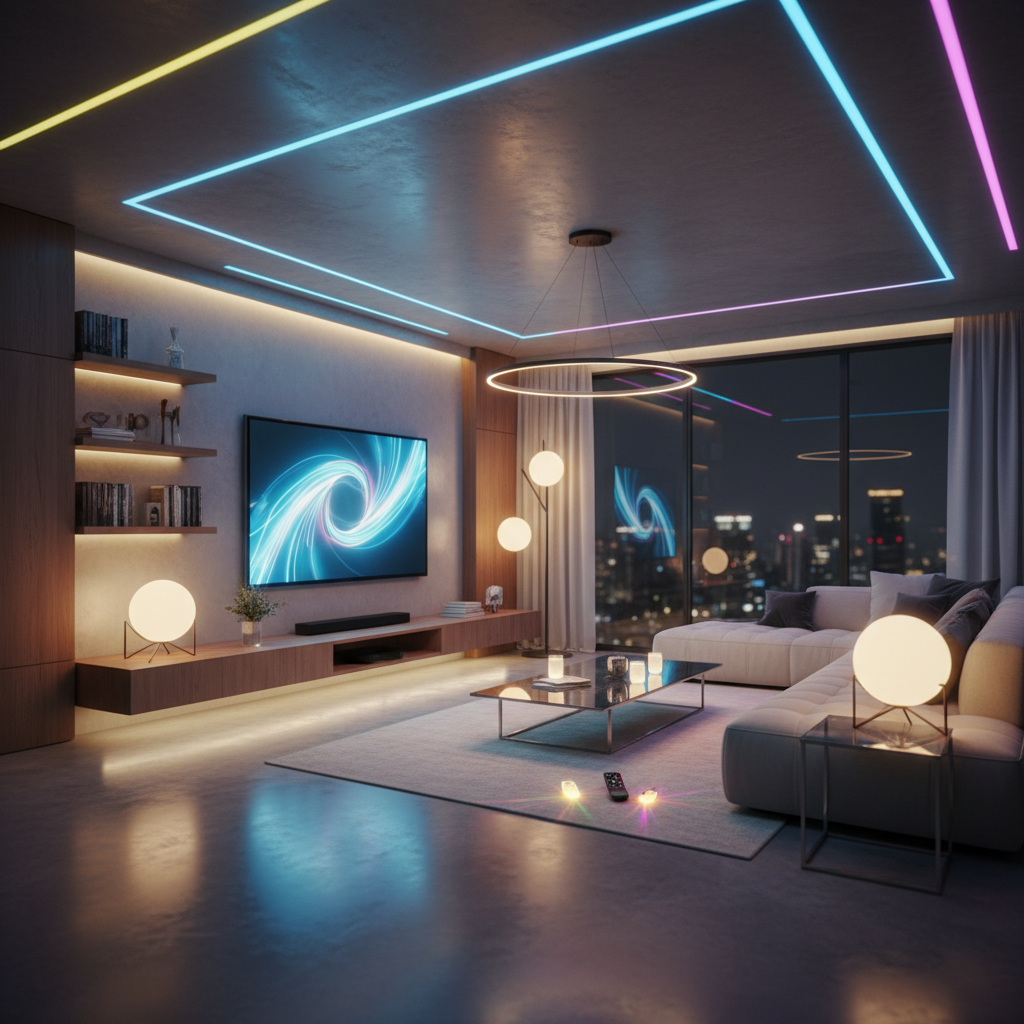 Akıllı LED'lerle aydınlatılmış modern oturma odası. 2025 Türkiye akıllı ev sistemleri ile yaşam alanlarınızda konfor ve teknoloji.