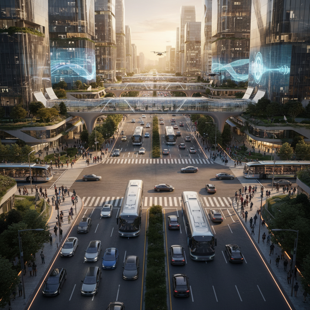 Otonom araçlar, elektrikli otobüsler ve düzenli yaya yollarıyla akıcı işleyen fütüristik bir akıllı şehir kavşağı. Geleceğin kentlerinde yaşam ve sürdürülebilirlik.
