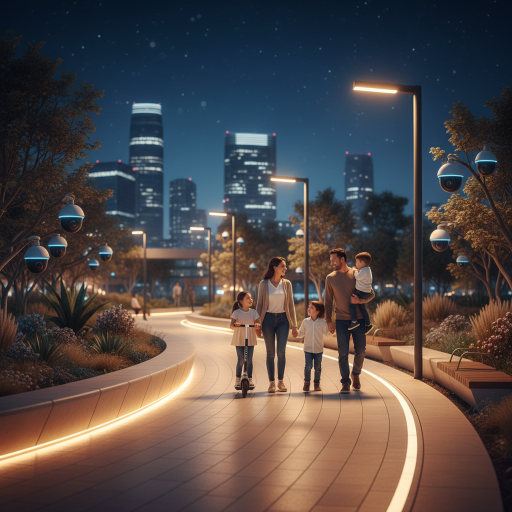 Akıllı şehirlerde yapay zeka destekli kameralarla güvenli, iyi aydınlatılmış bir akıllı parkta gece yürüyen aile. Geleceğin kentlerinde huzurlu yaşam.