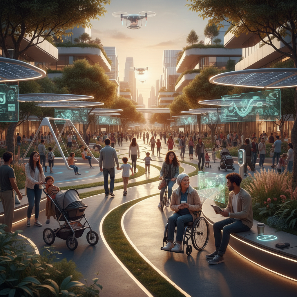Akıllı şehirde teknolojiyle donatılmış, kapsayıcı bir parkta mutlu insanlar. Geleceğin kentlerinde konforlu ve sürdürülebilir topluluk yaşamı.