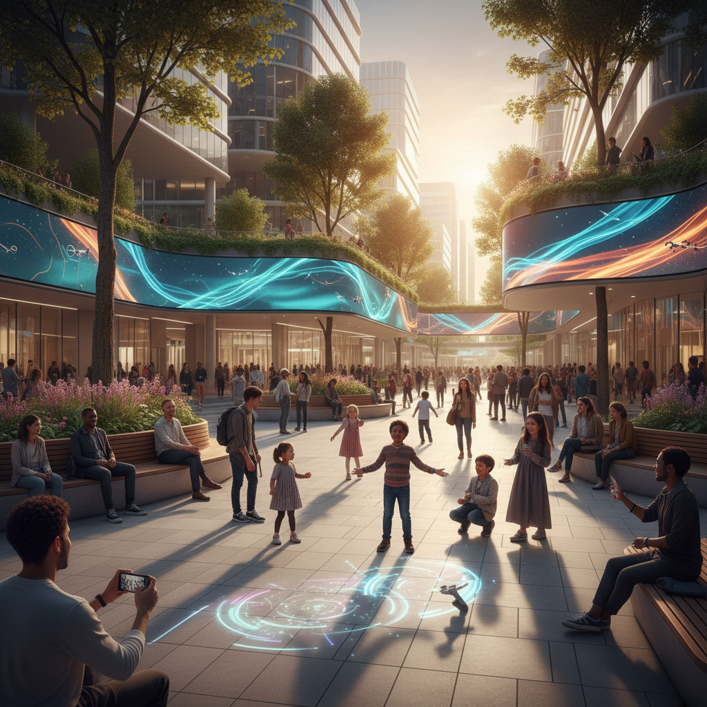 Akıllı şehir meydanında toplanan çok kültürlü topluluk. Gülümseyen insanlar, dijital ekranlar, yeşil alanlar. Konforlu, sürdürülebilir akıllı yaşam.