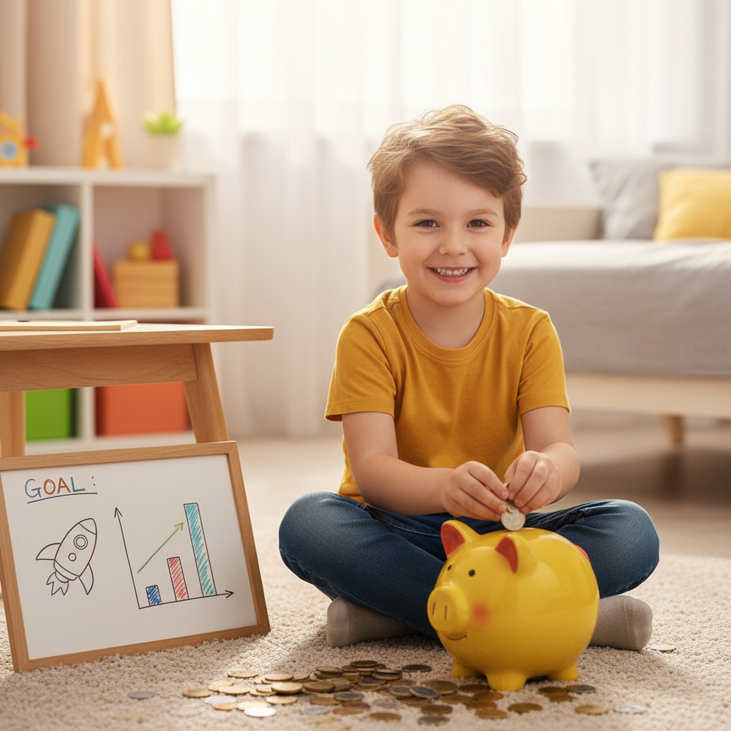 Kumbara birikimini mutlu sayan ilkokul çocuğu. Çocuklarda finansal okuryazarlık, tasarruf ve hedeflere ulaşma bilinci için.