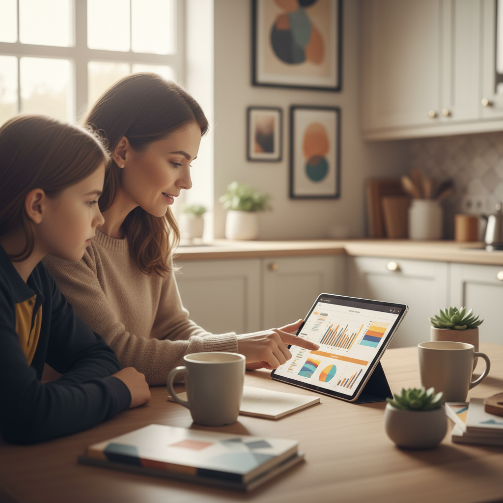 Ebeveyn ve çocuk, mutfak masasında finansal okuryazarlık için bütçe planı inceliyor; rehberlik ve bilinçli para yönetimi eğitimi.