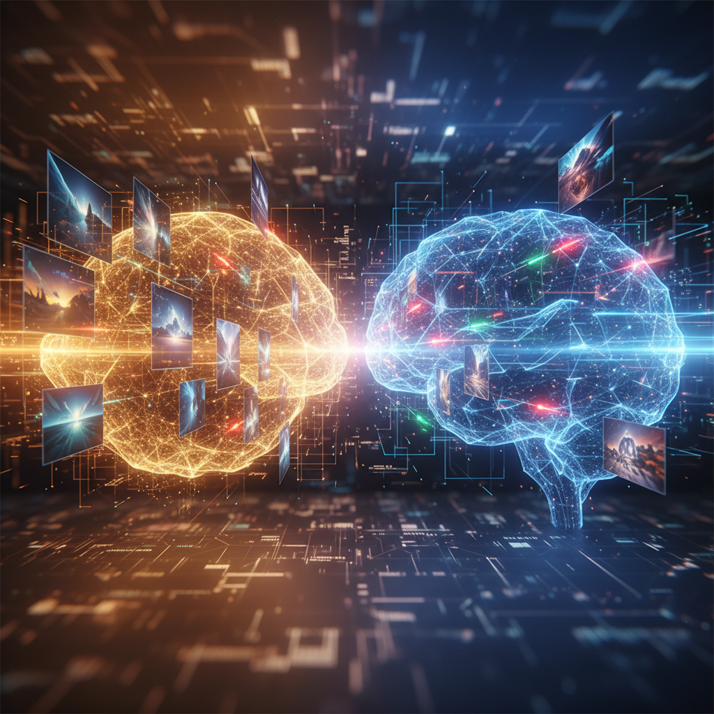 Dijital, parlayan stilde iki Üretken Yapay Zeka (GAN) ağının yaratıcı rekabeti. Görüntü üretimi ve değerlendirmeyle iş dünyasında dönüştürücü güç.