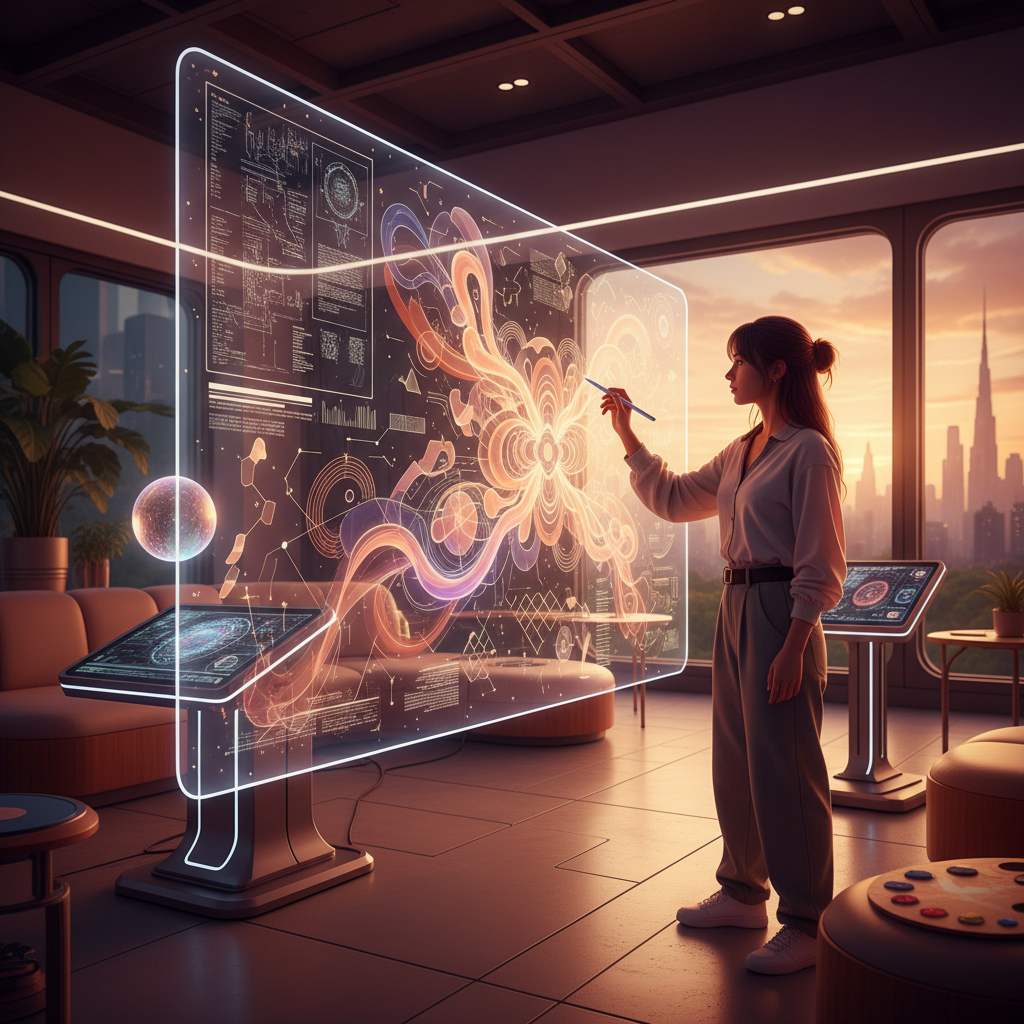 Dijital sanatçı ve üretken yapay zeka iş birliğiyle yaratılan soyut sanat. Yaratıcı süreçte dönüştürücü gücü sergileyen fütüristik stüdyo.