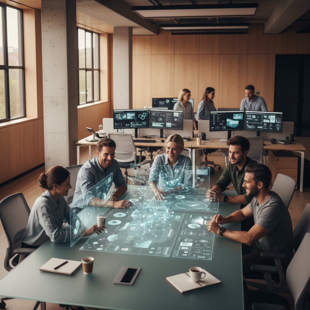 Modern ofiste yapay zeka ile iş birliği yapan çalışanlar, üretkenlik ve ekip çalışmasını artırıyor. Üretken AI'nın dönüştürücü gücü.