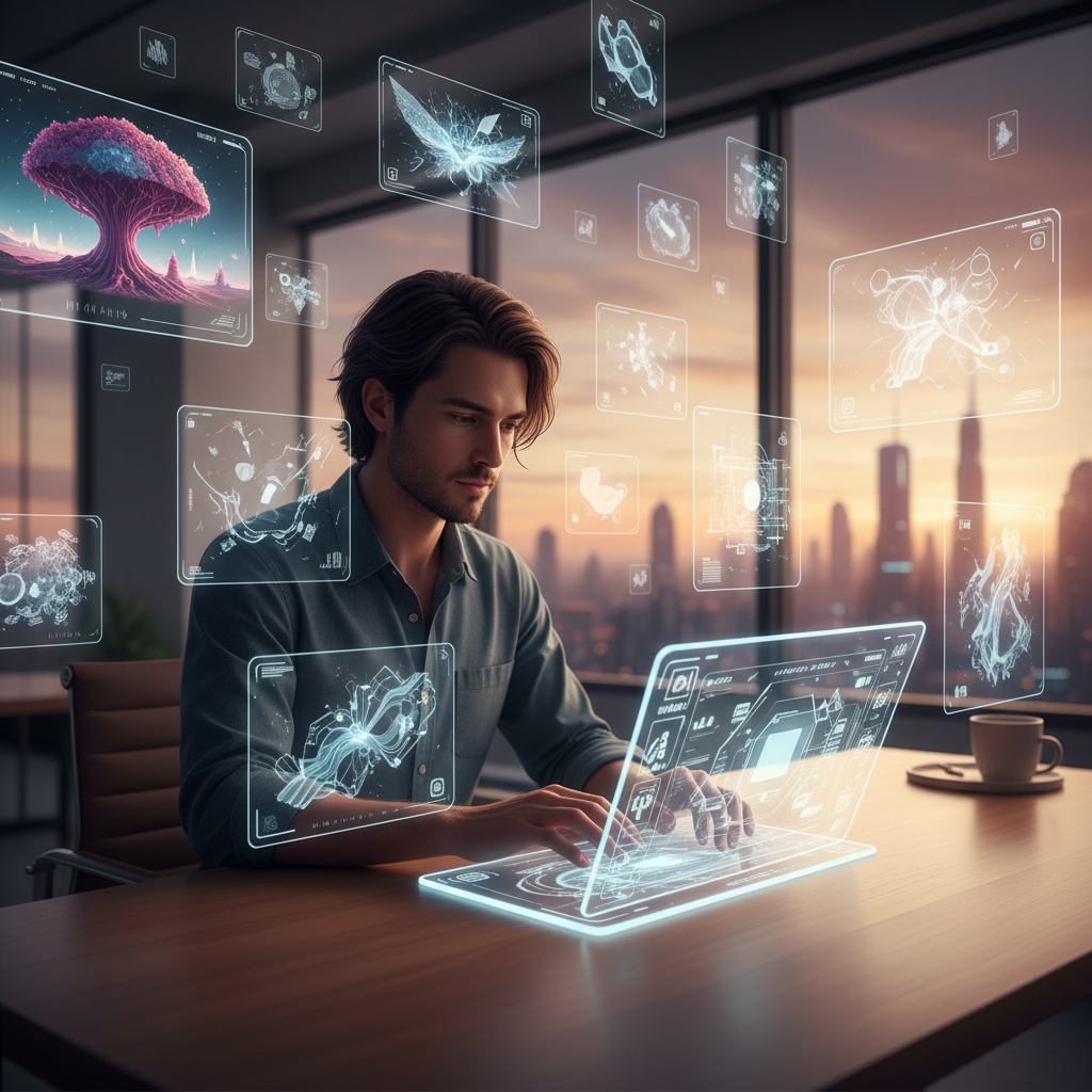 Fütüristik tablette üretken yapay zeka arayüzüne komut giren kişi. AI ile yaratıcı ve iş dünyası için komut mühendisliği gücü.