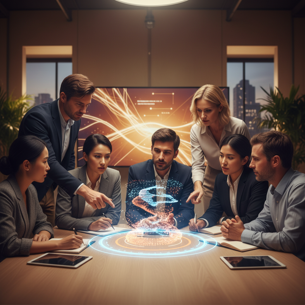 Etikçiler ve AI geliştiricileri, veri önyargılarını gösteren holografik ekran etrafında sorumlu ve üretken yapay zeka yönergelerini tartışıyor.