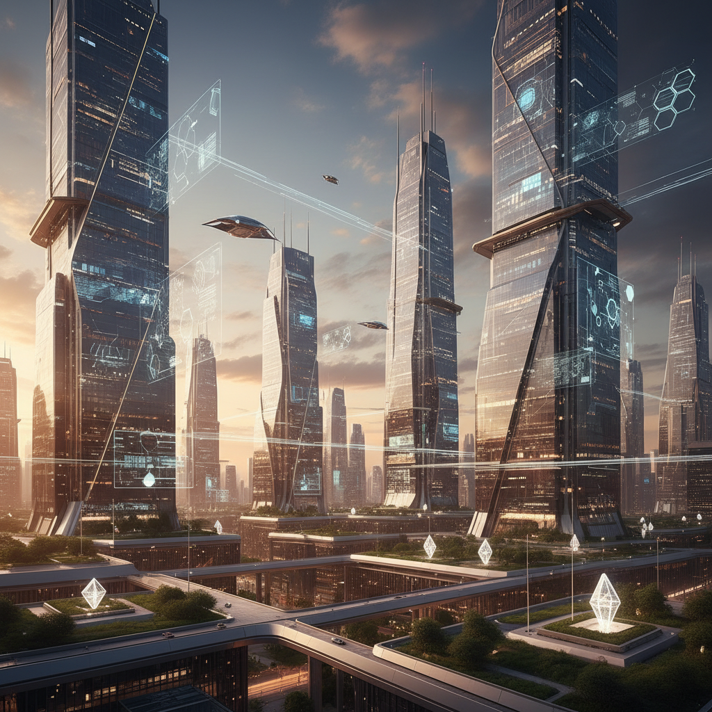 Fütüristik şehir silüeti, dijital arayüzlerle donatılmış. 2026 sonrası Üretken Yapay Zeka'nın iş ve yaratıcı dünyadaki dönüştürücü gücünü simgeler.