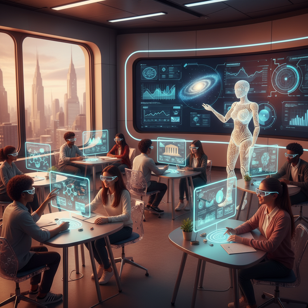 Yapay zeka destekli geleceğin sınıfında öğrenciler kişisel hologram ve akıllı ekranlarla öğreniyor, AI asistanı kişisel gelişim ve öğrenme yollarını yönlendiriyor.