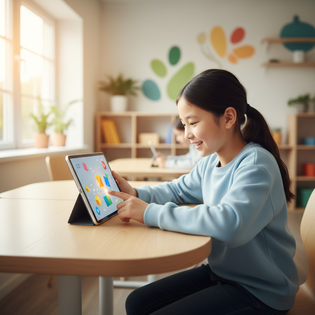 Tabletinde yapay zeka destekli oyunla öğrenen mutlu öğrenci. Kişisel gelişim ve akıllı öğrenme yolları ile 2026'ya hazırlanıyor.