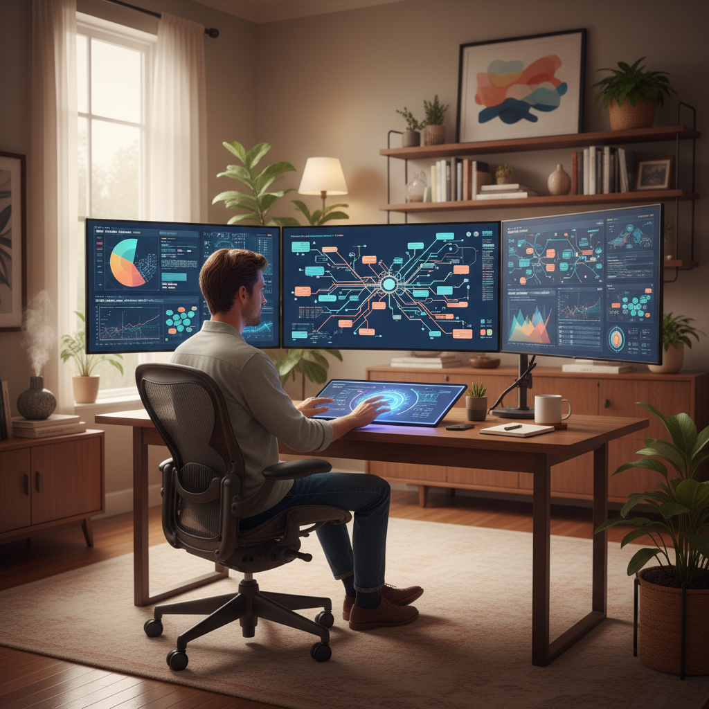 Yapay zeka destekli kişisel gelişim ve adaptif öğrenme yolları: Modern ev ofisinde çoklu ekranda akıllı içerikle etkileşim. 2026 geleceği için.