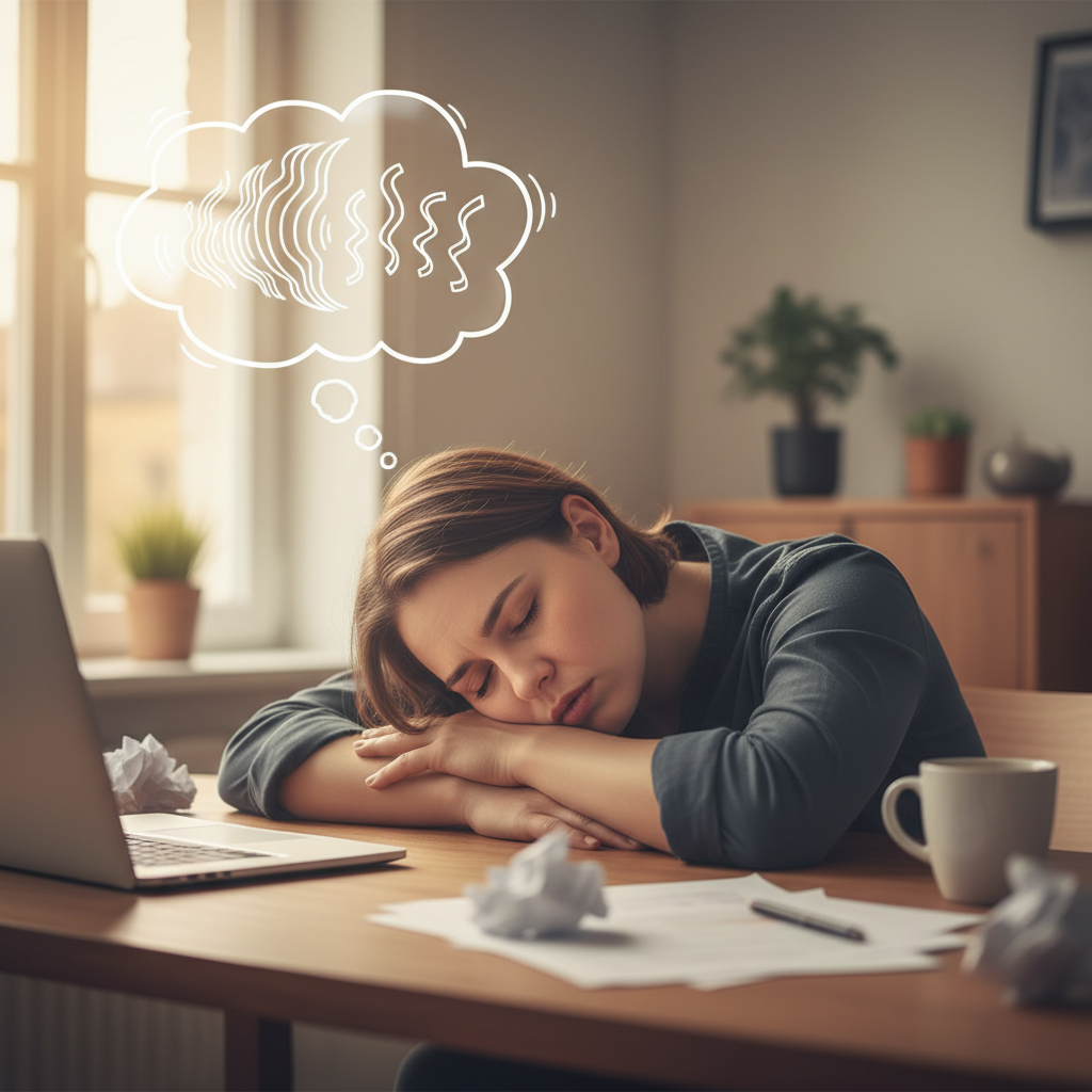 Gündüz masasında uyuklayan, aşırı yorgunluk ve horlama sorunu yaşayan bir kişi. Sağlık, wellness ve uyku düzeni için ipuçları.