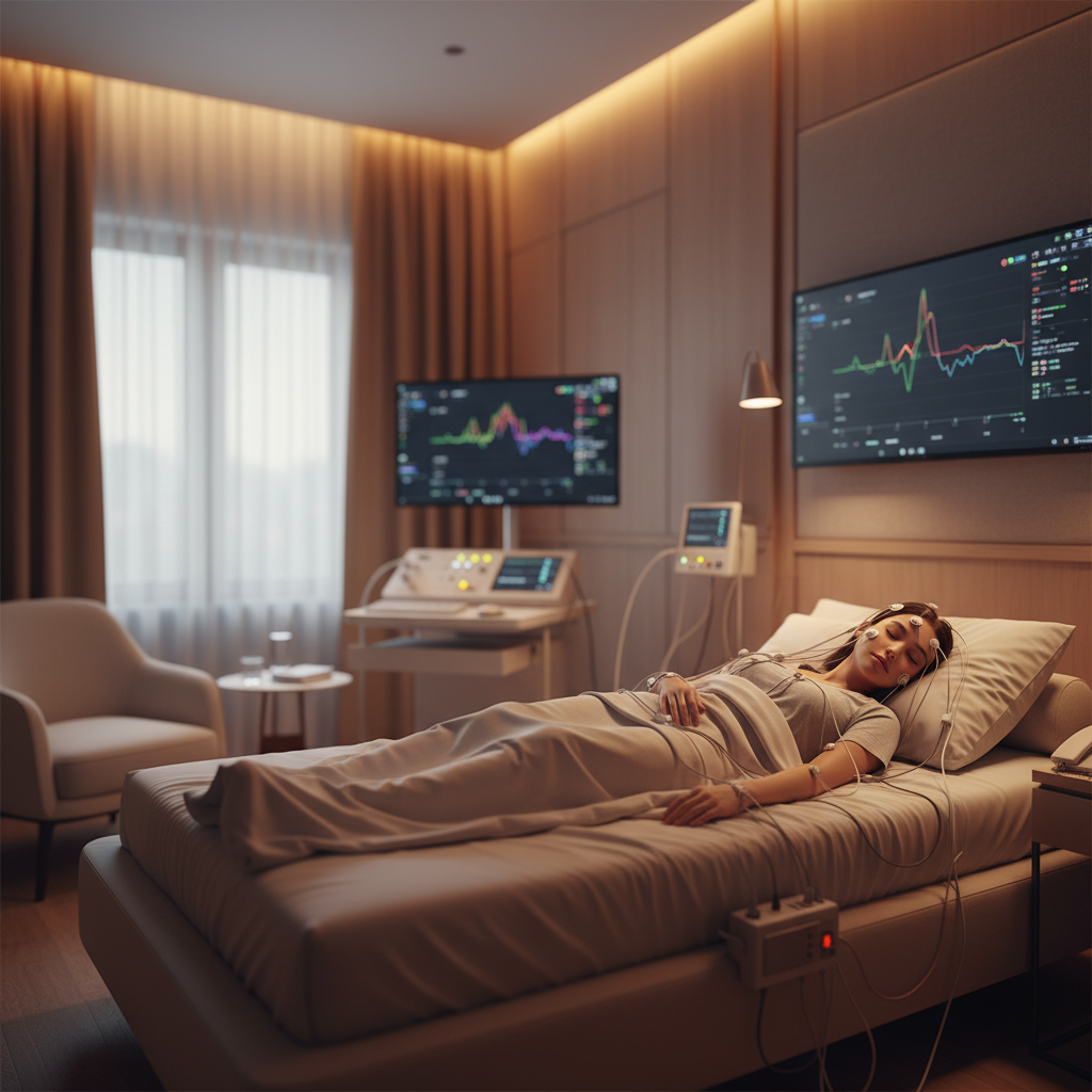 Polisomnografi için sensörlerle bağlı, modern uyku laboratuvarında huzurla uyuyan bir hasta. Uyku sağlığınızı iyileştirin.