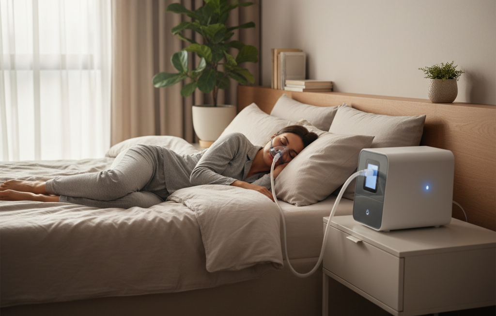 Modern CPAP cihazıyla yatağında huzurlu uyuyan kişi. Uyku apnesi tedavisi ile kaliteli ve rahat bir uyku, sağlıklı yaşam için.